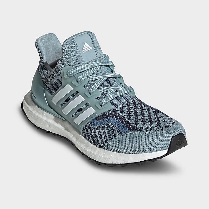 Three Quarter view of Little Kids' adidas UltraBOOST 5.0 DNA Running Shoes in Magic Grey/White/Shadow Navy Click to zoom