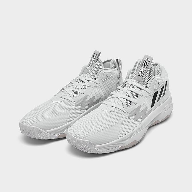 Three Quarter view of adidas Dame 8 Basketball Shoes in Cloud White/Core Black/Grey One Click to zoom