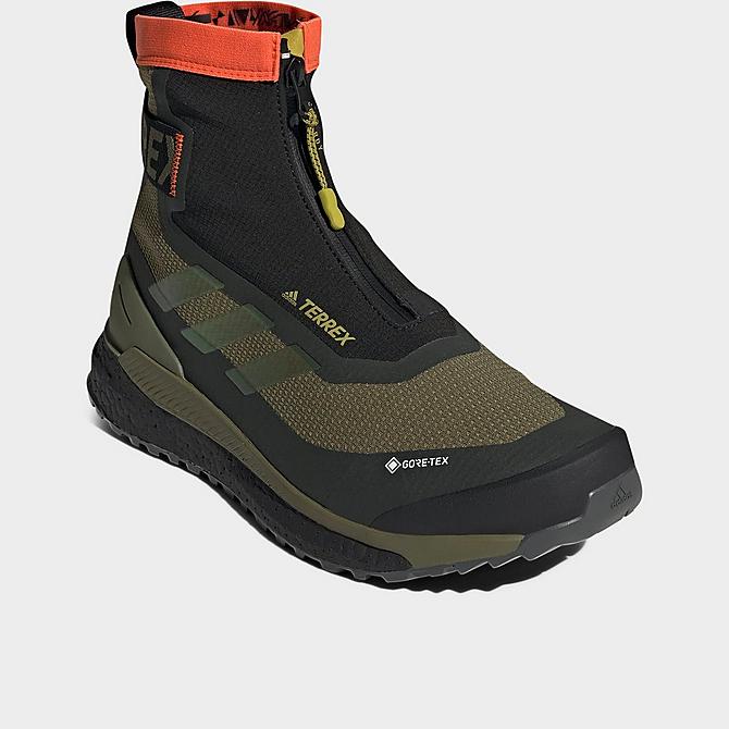 Three Quarter view of Men's adidas Terrex Free Hiker Cold.RDY Hiking Boots in Focus Olive/Pulse Olive/Impact Orange Click to zoom