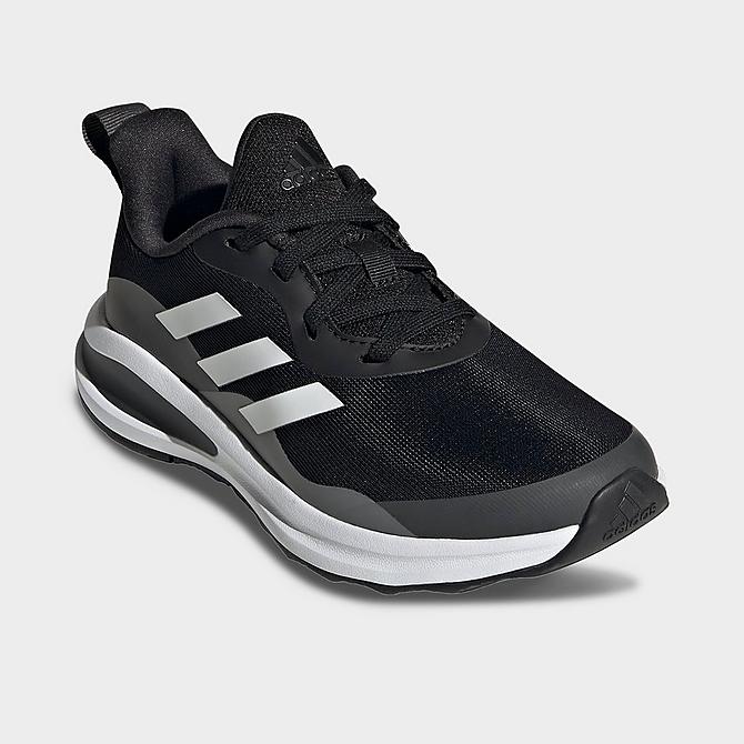 Three Quarter view of Big Kids' adidas FortaRun Lace Running Shoes in Black/White/Grey Click to zoom