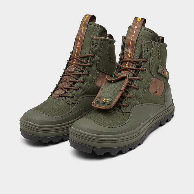 Three Quarter view of Women's Reebok Classics x Rothco Club C Cleated Mid Sneaker Boots in Moss Green/Just Brown/Core Black Click to zoom