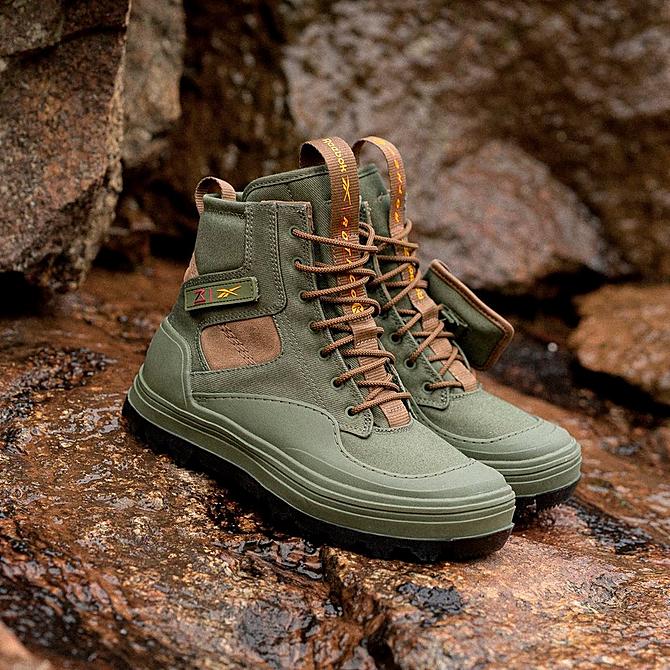 Front view of Women's Reebok Classics x Rothco Club C Cleated Mid Sneaker Boots in Moss Green/Just Brown/Core Black Click to zoom
