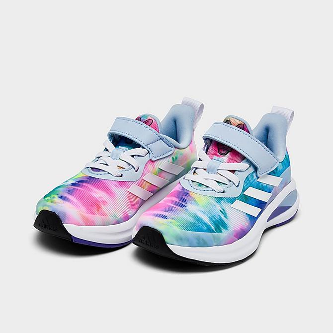 Three Quarter view of Girls' Little Kids' adidas x Disney Fortarun Stretch Lace Running Shoes in Tie-Dye Click to zoom