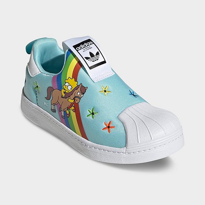 Three Quarter view of Girls' Little Kids' adidas Originals x The Simpsons Superstar 360 Casual Shoes in Cloud White/Multi Click to zoom