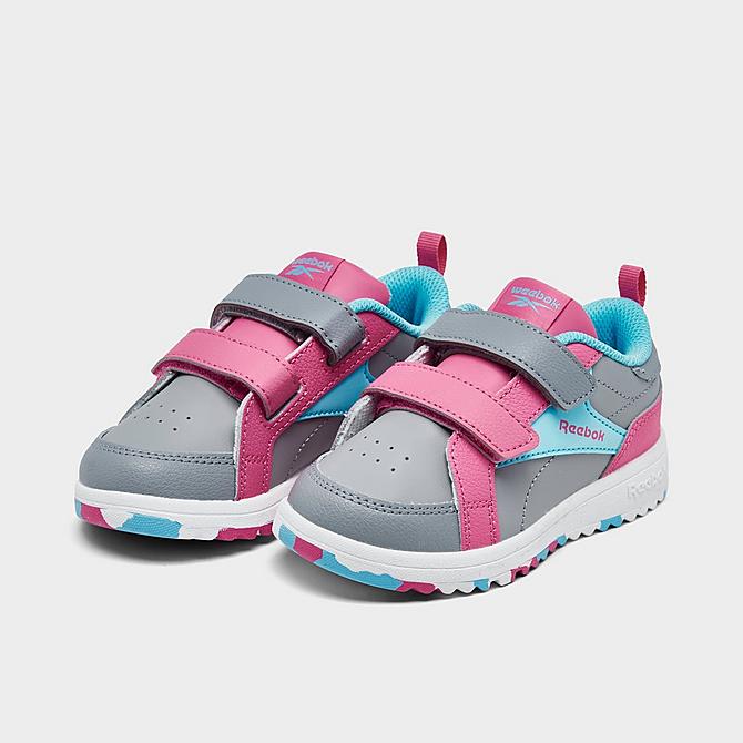 Three Quarter view of Kids' Toddler Reebok Weebok Clasp Low Casual Shoes in Pure Grey 4/Digital Blue/True Pink Click to zoom