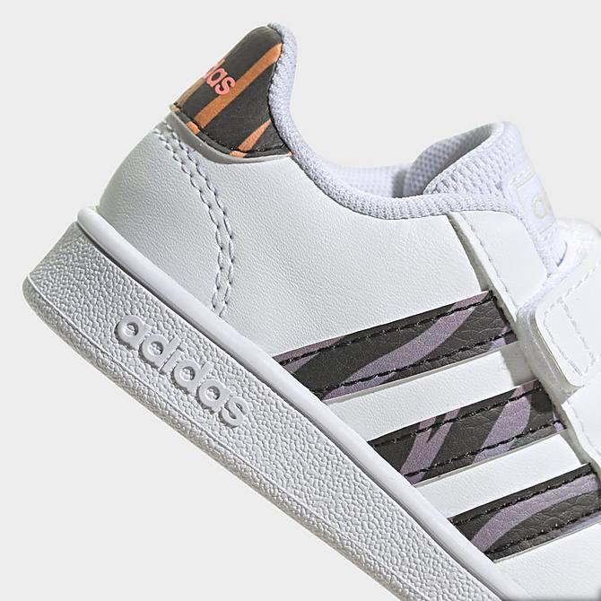 Front view of Kids' Toddler adidas Grand Court Tiger Print Casual Shoes in Cloud White/Core Black/Acid Red Click to zoom