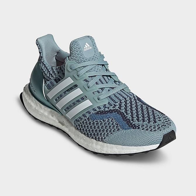 Three Quarter view of Big Kids' adidas UltraBOOST 5.0 DNA Running Shoes in Magic Grey/Cloud White/Shadow Navy Click to zoom