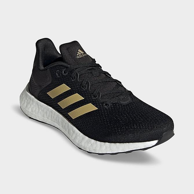 Three Quarter view of Women's adidas Pureboost 21 Running Shoes in Black/Gold Metallic/Grey Click to zoom