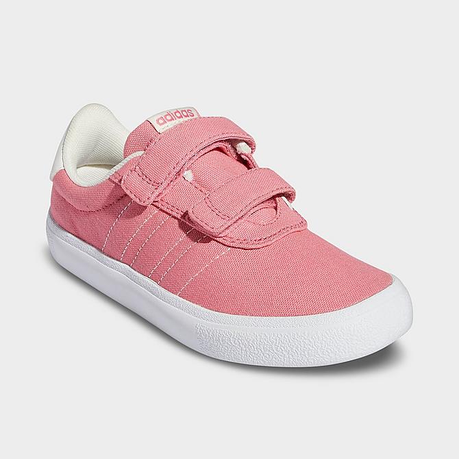 Three Quarter view of Girls' Little Kids' adidas VULCRAID3R Skateboarding Shoes in Rose Tone/Cloud White/Cloud White Click to zoom