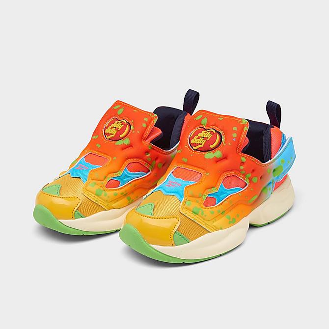 Three Quarter view of Kids' Toddler Reebok x Jelly Belly Instapump Fury Casual Shoes in Retro Yellow/Neon Cherry/Blue Blink Click to zoom