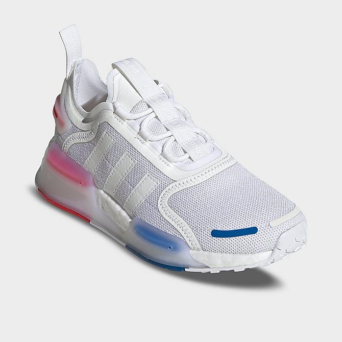 Three Quarter view of Big Kids’ adidas Originals NMD_R1 V3 Casual Shoes in Cloud White/Cloud White/Cloud White Click to zoom