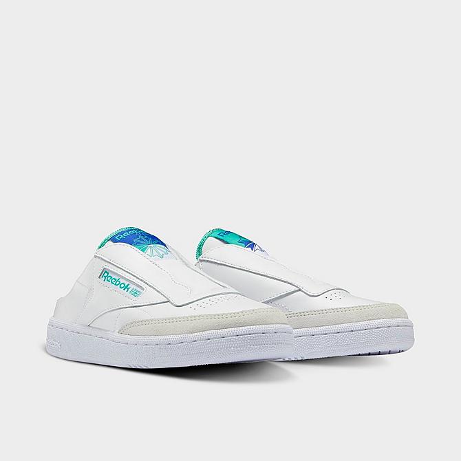 Three Quarter view of Women's Reebok Club C Laceless Mule Casual Shoes in Footwear White/Bright Cobalt/Future Teal Click to zoom