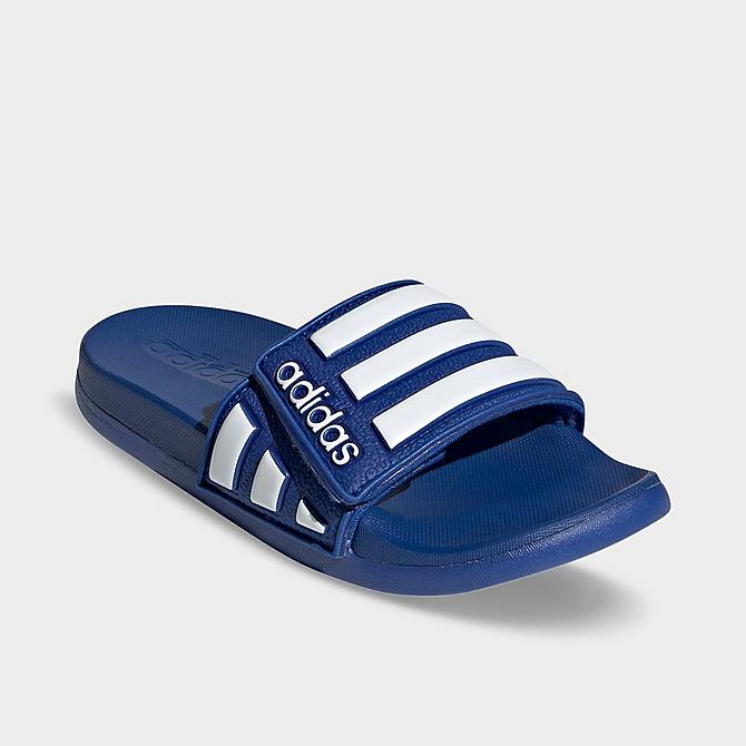 Three Quarter view of Little Kids' adidas Adilette Comfort Slide Sandals in Team Royal Blue/White/Team Royal Blue Click to zoom