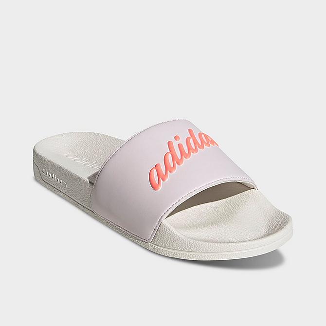 Three Quarter view of Women's adidas adilette Shower Slide Sandals in Almost Pink/Acid Red/Chalk White Click to zoom