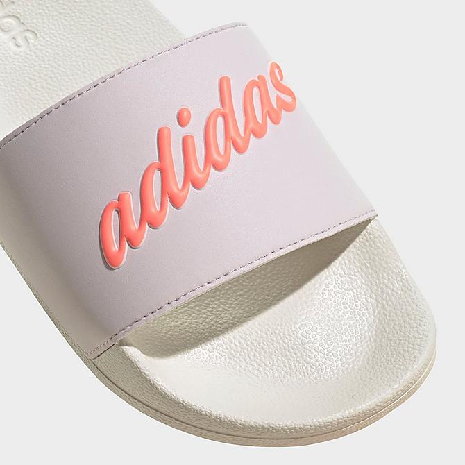 Front view of Women's adidas adilette Shower Slide Sandals in Almost Pink/Acid Red/Chalk White Click to zoom