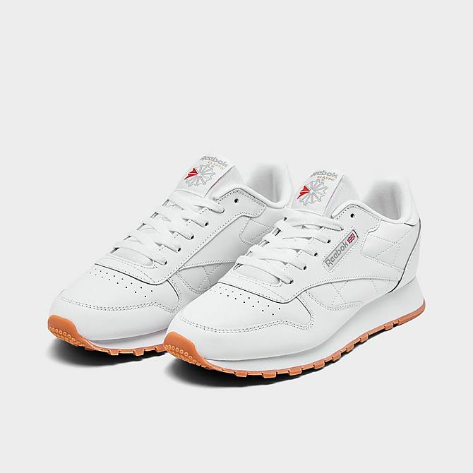 Three Quarter view of Big Kids' Reebok Classic Leather Casual Shoes in Footwear White/Footwear White/Reebok Rubber Gum 2 Click to zoom