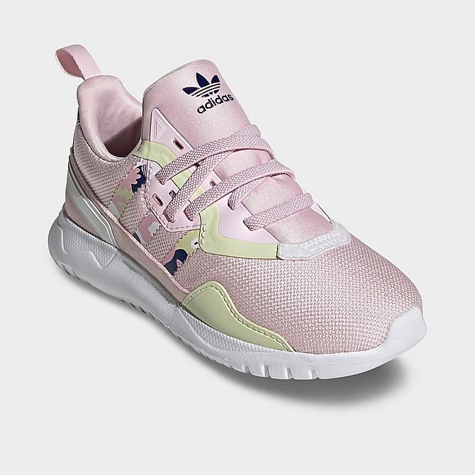 Three Quarter view of Girls' Little Kids' adidas Originals Flex Casual Shoes in Clear Pink/Cloud White/Almost Lime Click to zoom