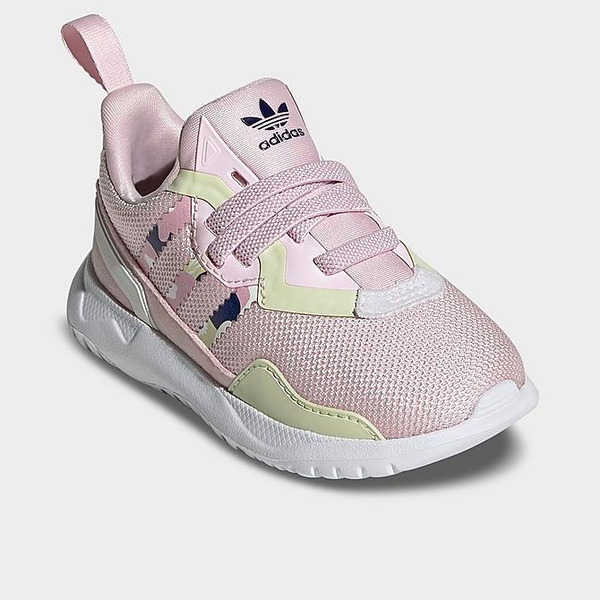 Three Quarter view of Girls' Toddler adidas Originals Flex Casual Shoes in Clear Pink/Cloud White/Almost Lime Click to zoom