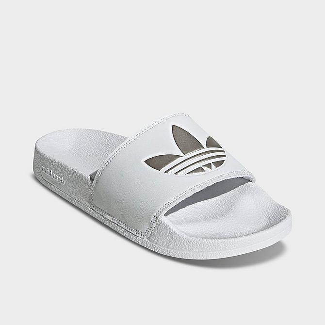 Three Quarter view of Women's adidas Adilette Lite Slide Sandals in Cloud White/Cloud White/Matte Silver Click to zoom