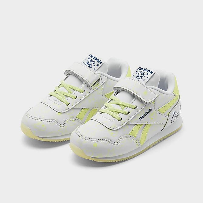 Three Quarter view of Girls' Toddler Reebok Peppa Pig Royal Classic Jogger 3.0 1V Casual Shoes in FTW White/Energy Glow Click to zoom