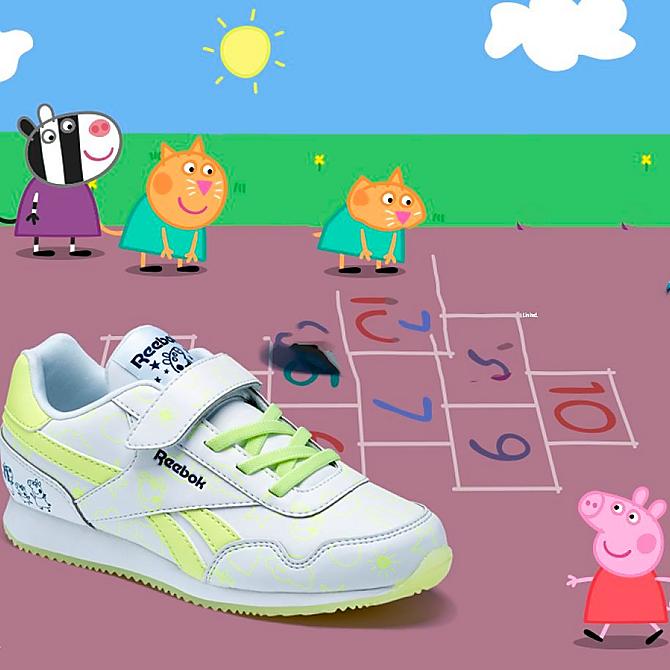 Front view of Girls' Toddler Reebok Peppa Pig Royal Classic Jogger 3.0 1V Casual Shoes in FTW White/Energy Glow Click to zoom