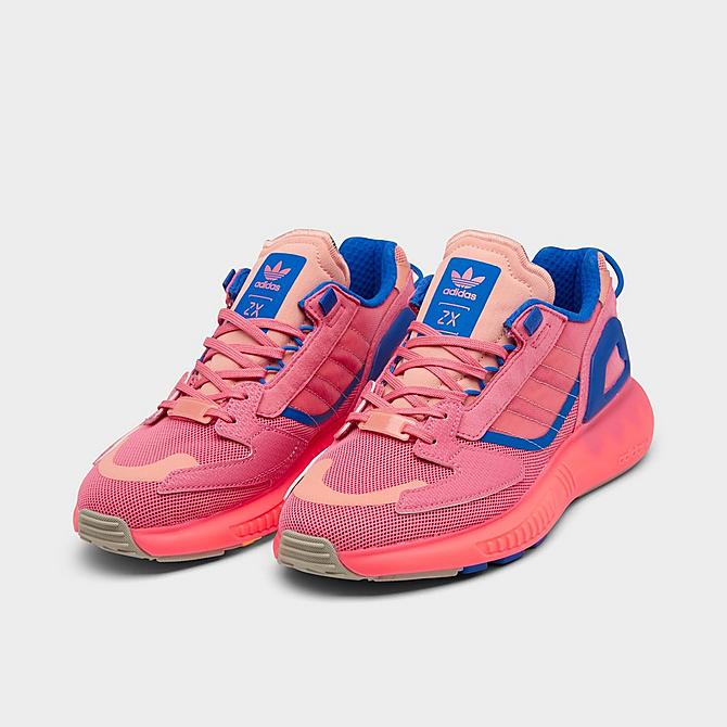 Three Quarter view of Women's adidas Originals ZX 5K BOOST Running Shoes in Hazy Rose/Ambient Blush/Sonic Ink Click to zoom