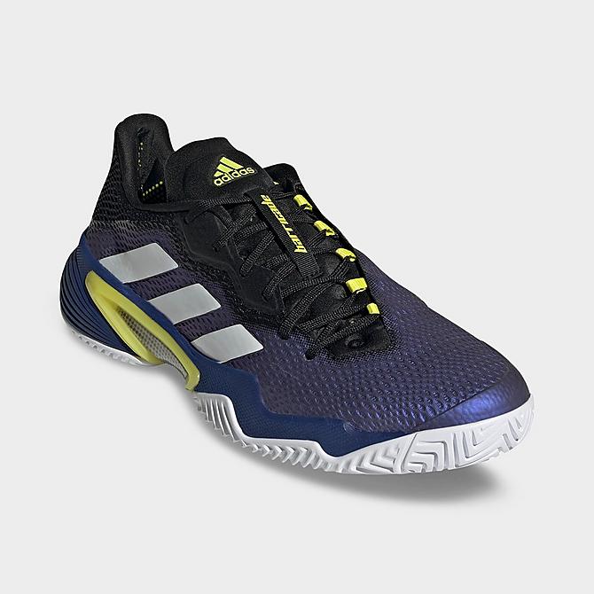 Three Quarter view of Men's adidas Barricade Tokyo Tennis Shoes in Blue Metallic/Acid Yellow/Victory Blue Click to zoom