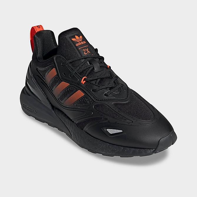 Three Quarter view of Men's adidas Originals ZX 2K BOOST 2.0 Running Shoes in Black/Solar Red/Carbon Click to zoom