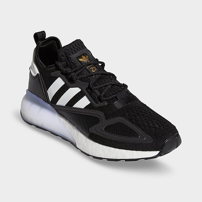 Three Quarter view of Women's adidas Originals ZX 2K BOOST Running Shoes in Black/White/Gold Metallic Click to zoom