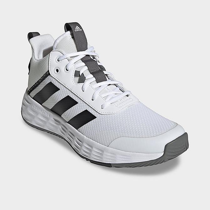 Three Quarter view of adidas Ownthegame 2.0 Basketball Shoes in White/Black/Grey Click to zoom