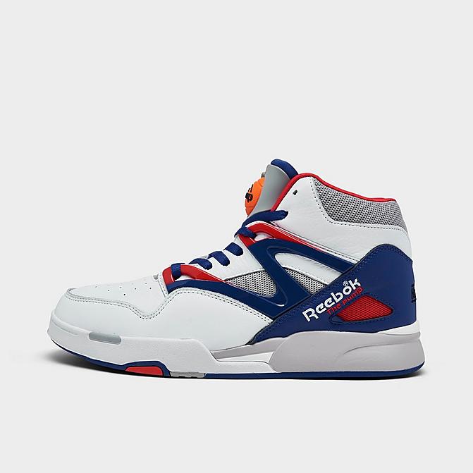 Right view of Men's Reebok Pump Omni Zone 2 Basketball Shoes in White/Blue/Red Click to zoom