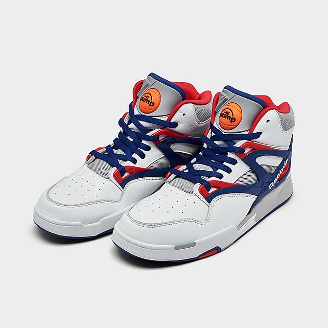 Three Quarter view of Men's Reebok Pump Omni Zone 2 Basketball Shoes in White/Blue/Red Click to zoom
