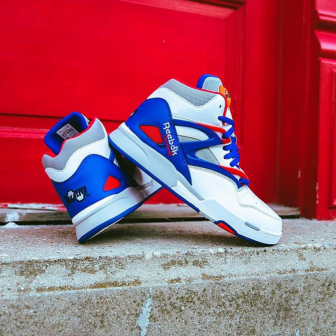 Front view of Men's Reebok Pump Omni Zone 2 Basketball Shoes in White/Blue/Red Click to zoom