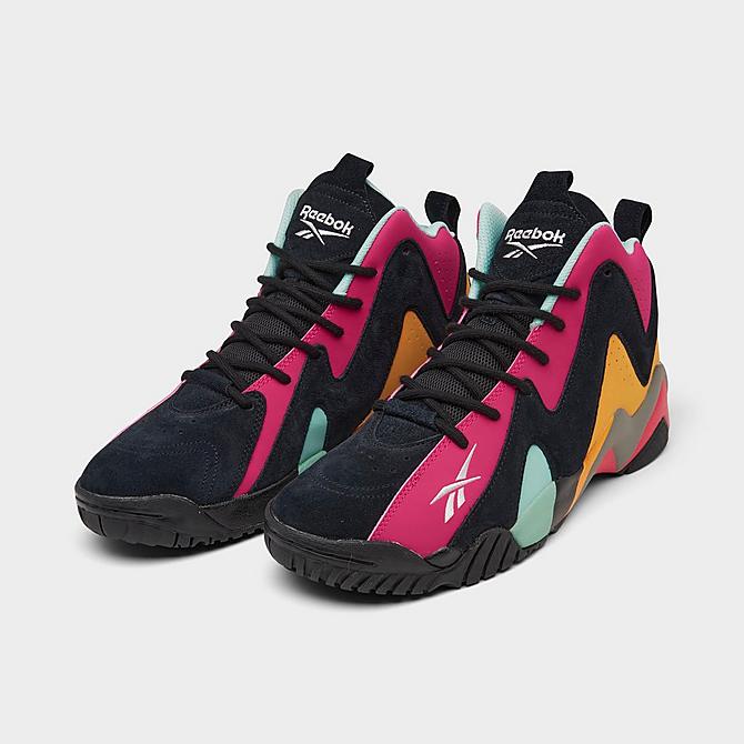 Three Quarter view of Men's Reebok Hurrikaze II Basketball Shoes in Black/Pink/Solar Gold Click to zoom