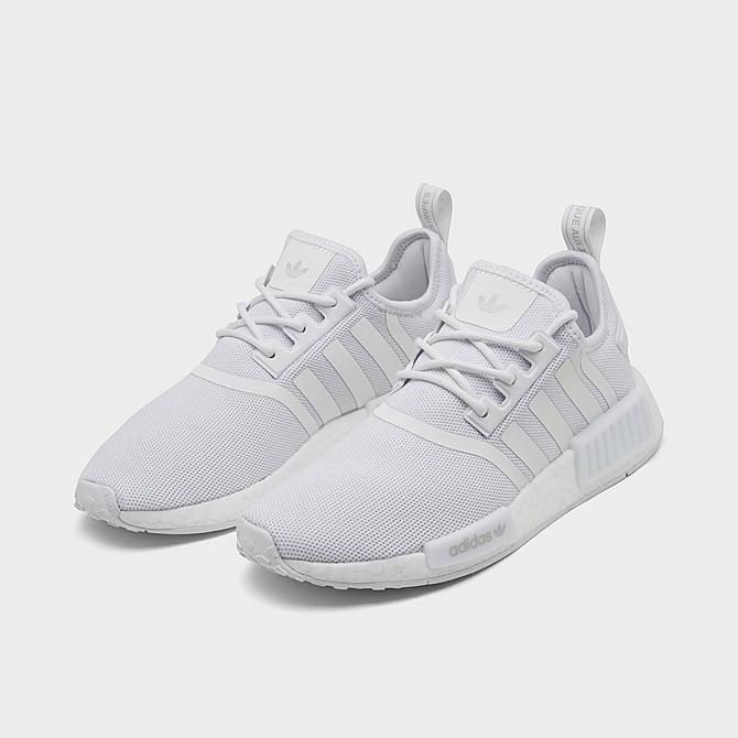Three Quarter view of Big Kids' adidas Originals NMD_R1 Refined Primeblue Casual Shoes in White/White/Grey One Click to zoom