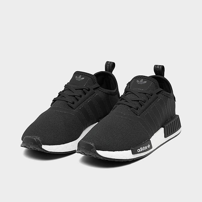 Three Quarter view of Little Kids' adidas Originals NMD_R1 Primeblue Casual Shoes in Core Black/Core Black/Cloud White Click to zoom