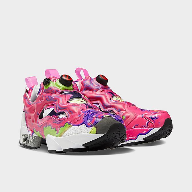 Three Quarter view of Men's Reebok x Ghostbusters Instapump Fury Casual Shoes in Proud Pink/White/Solar Yellow Click to zoom