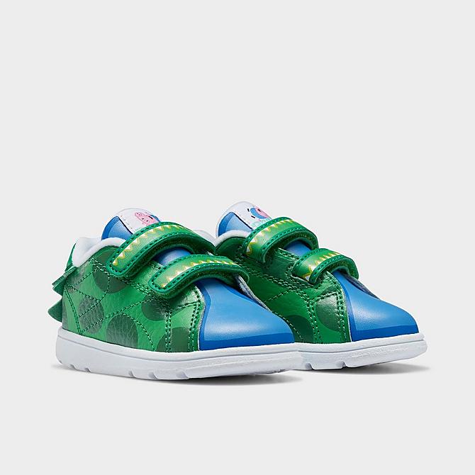 Three Quarter view of Kids' Toddler Reebok Classics Peppa Pig Complete CLN 2 Casual Shoes in Hero Green/Athletic Blue/Stem Green Click to zoom