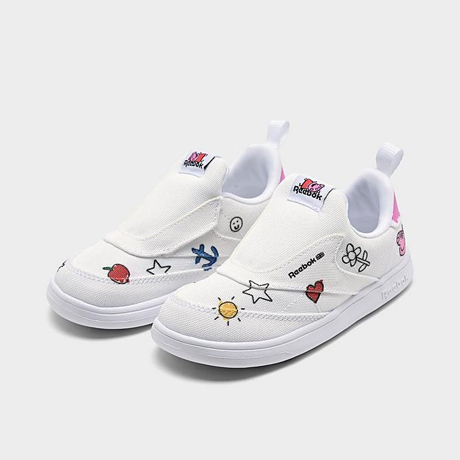 Three Quarter view of Girls' Toddler Reebok Peppa Pig Club C Slip-On 4 Casual Shoes in Footwear White/Core Black/Footwear White Click to zoom