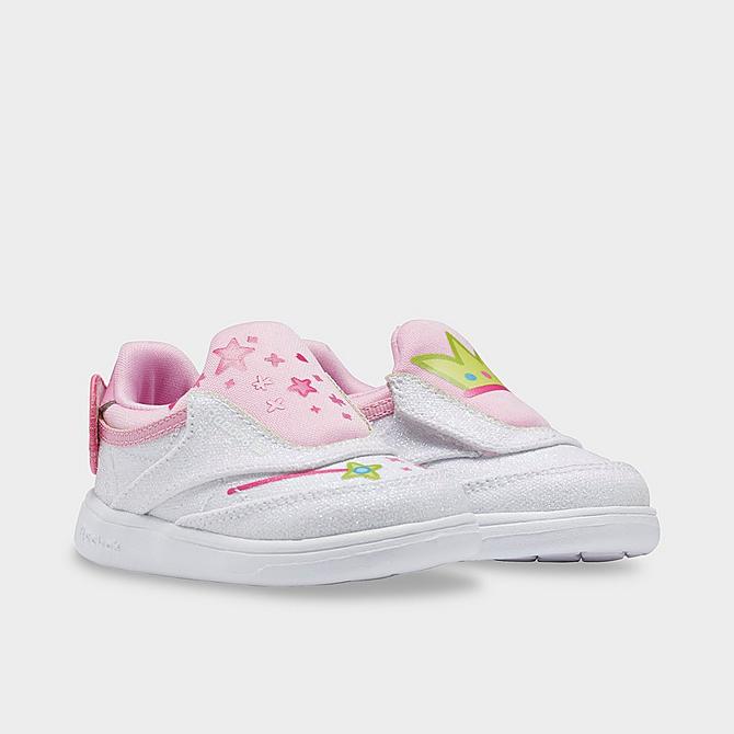 Three Quarter view of Girls' Toddler Reebok Classics Peppa Pig Club C 4 Slip-On Casual Shoes in Icono Pink/White/Cool Aloe Click to zoom
