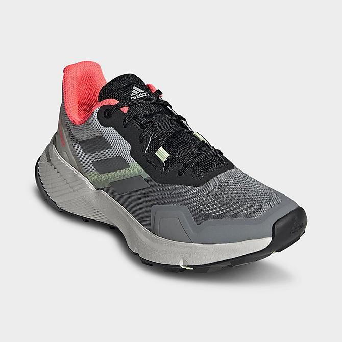 Three Quarter view of Women's adidas Terrex Soulstride Trail Running Shoes in Grey/Grey/Turbo Click to zoom