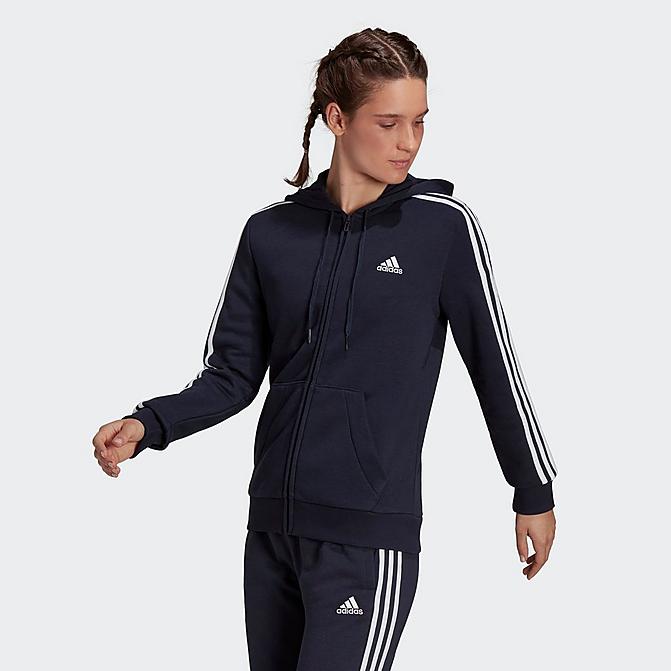 Front view of Women's adidas Essentials 3-Stripes SIngle Jersey Full-Zip Hoodie in Ink/White Click to zoom