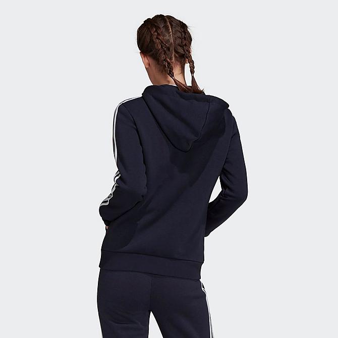 Front Three Quarter view of Women's adidas Essentials Fleece 3-Stripes Full-Zip Hoodie in Ink/White Click to zoom