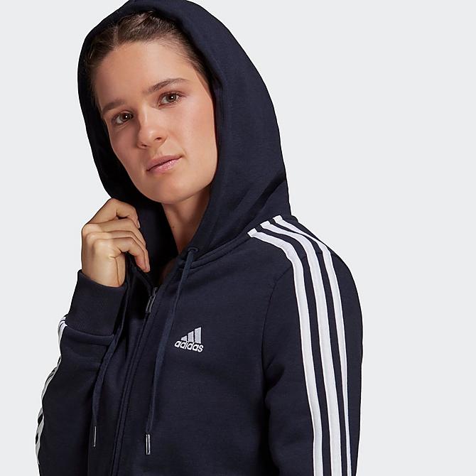 Back Right view of Women's adidas Essentials Fleece 3-Stripes Full-Zip Hoodie in Ink/White Click to zoom