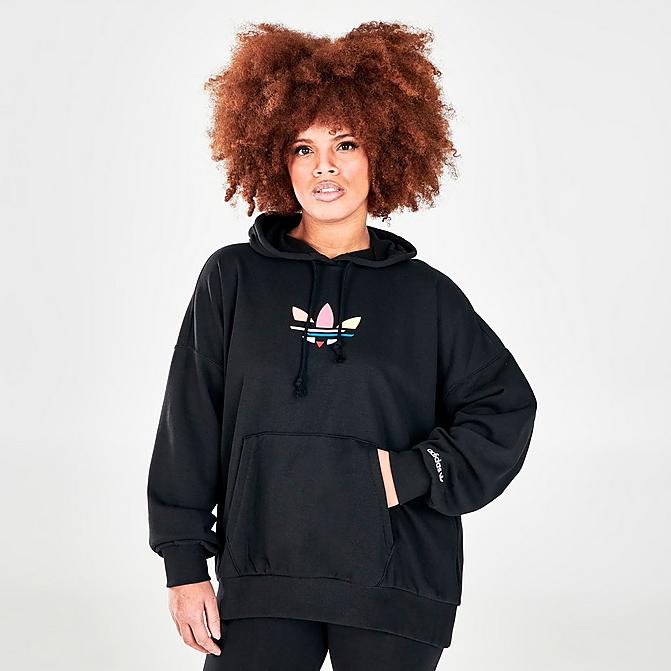 Front view of Women's adidas Originals Shattered Trefoil Oversize Hoodie in Black Click to zoom