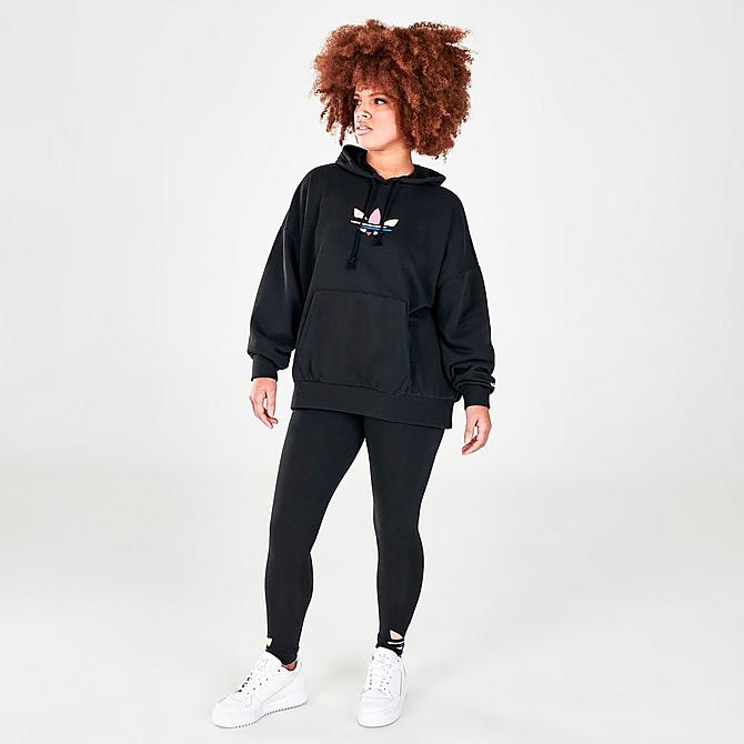 Front Three Quarter view of Women's adidas Originals Shattered Trefoil Oversize Hoodie in Black Click to zoom