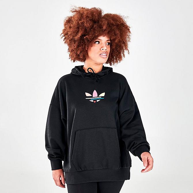 Back Left view of Women's adidas Originals Shattered Trefoil Oversize Hoodie in Black Click to zoom