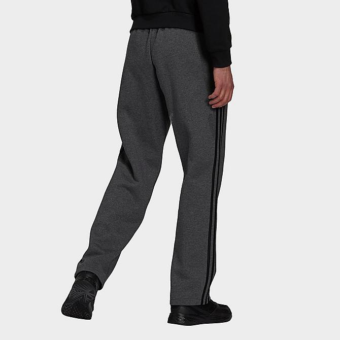 Back Left view of Men's adidas 3-Stripes Essentials Open Hem Fleece Pants in Dark Grey Heather/Black Click to zoom