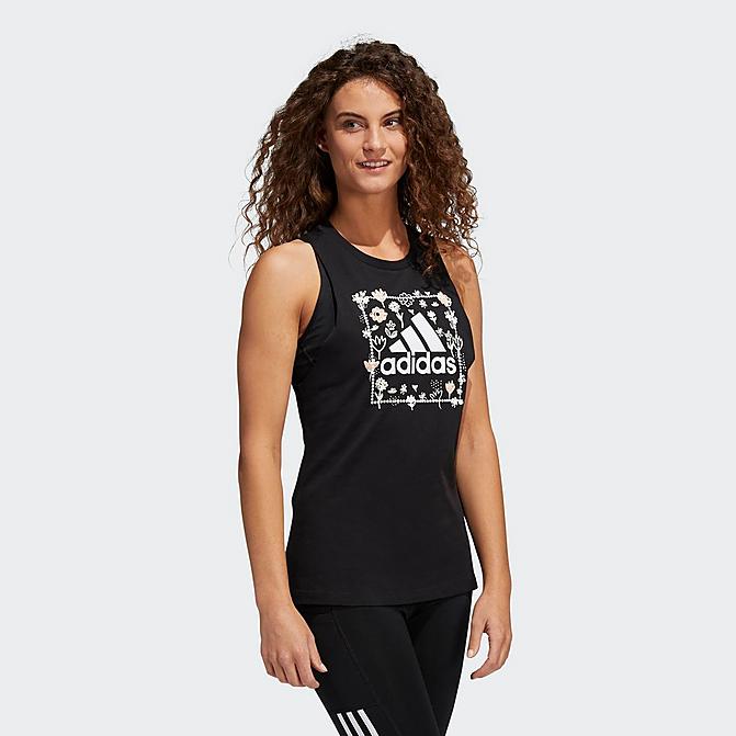 Front view of Women's adidas Soft Floral Box Graphic Tank in Black/White Click to zoom