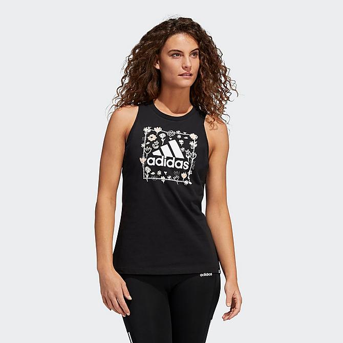 Back Left view of Women's adidas Soft Floral Box Graphic Tank in Black/White Click to zoom